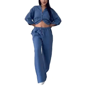 Dames Comfy Two Piece Set Wijde Pijpen En Knoopsluiting