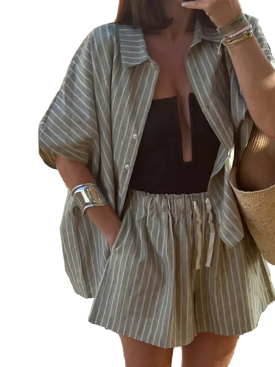 Dames Tweedelige Set Gestreept Shirt en Shorts - Afbeelding 2