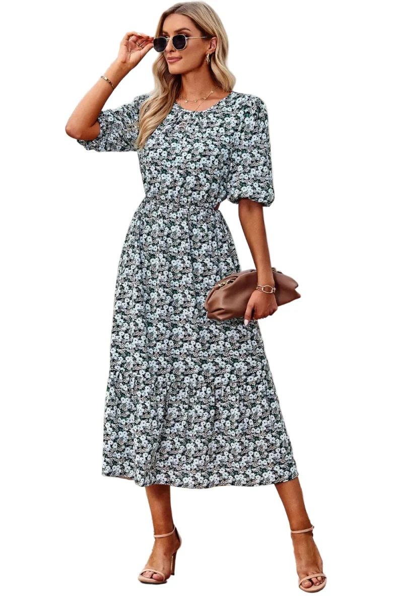 Vrouwen Midi Jurk Met Bloemenprint En Puff Mouwen - Afbeelding 2