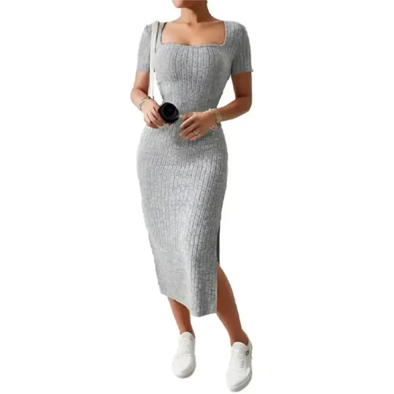 Vrouwen Vierkante Hals Gebreide Midi Dress - Afbeelding 2